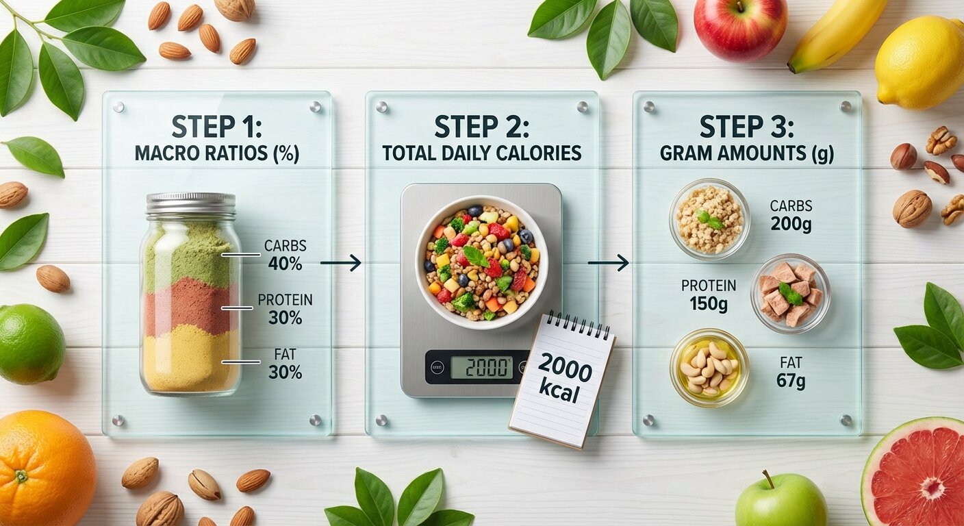 Step-by-step visual showing conversion from macro ratio percentages to gram amounts