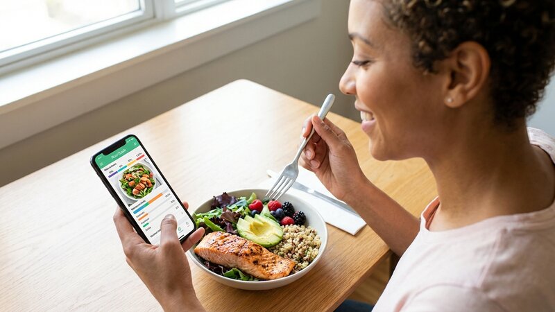 Person using smartphone to track food and nutrition with healthy meal