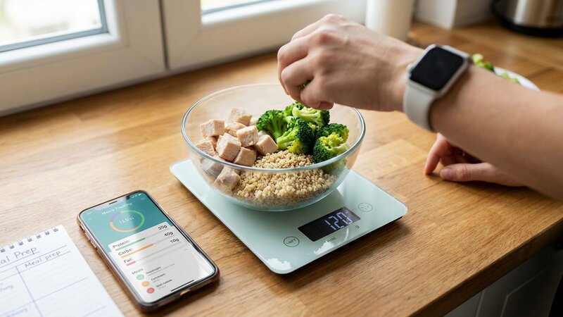 Digital food scale weighing ingredients for accurate macro tracking