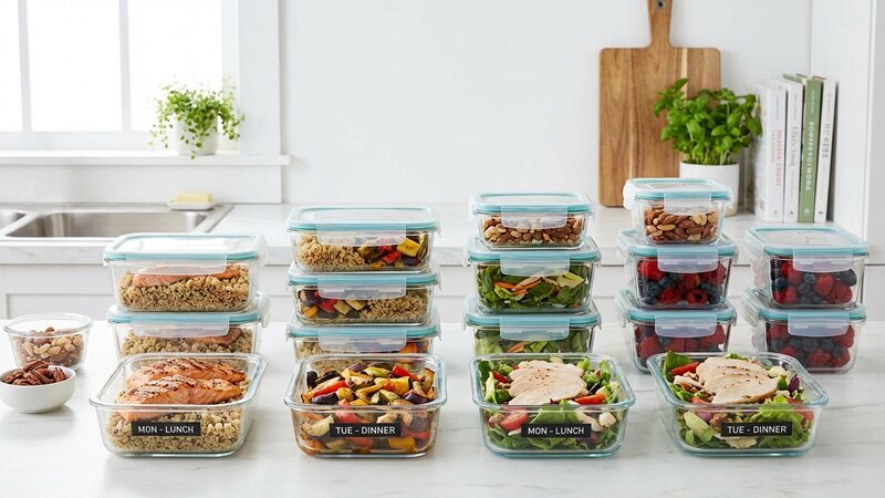 Organized meal prep with portioned healthy foods in containers