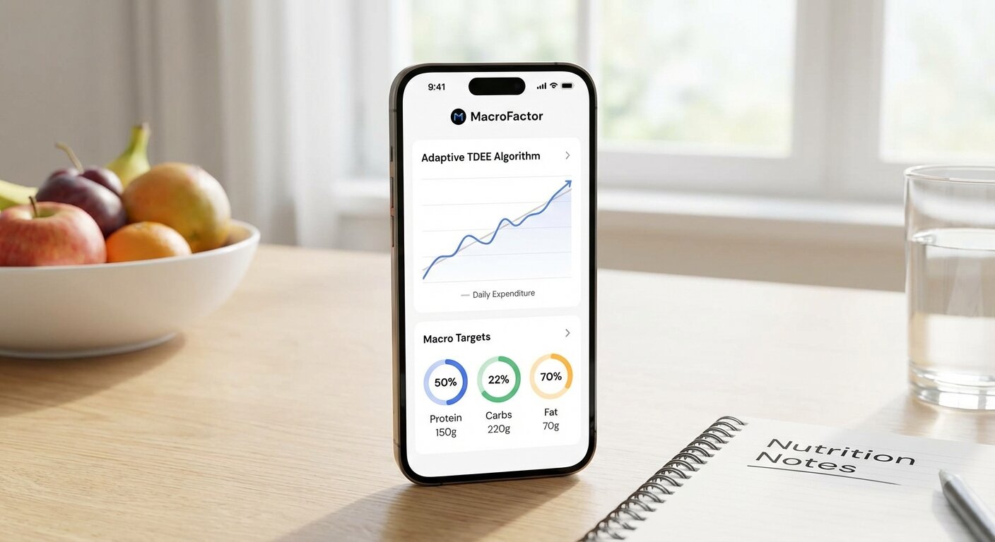 MacroFactor app interface showing adaptive TDEE algorithm and macro targets