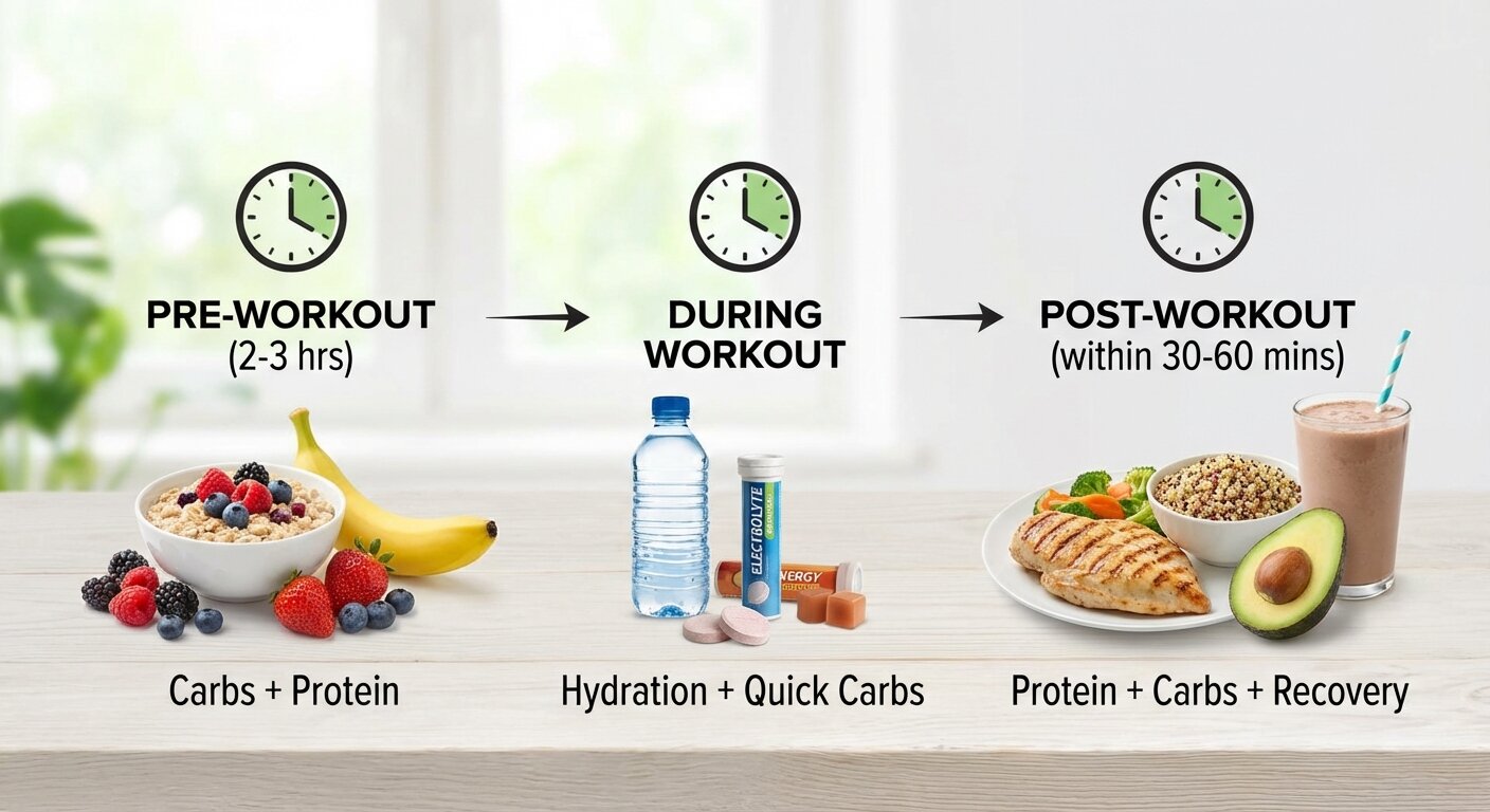 A timeline graphic showing optimal nutrient timing for athletes around a workout