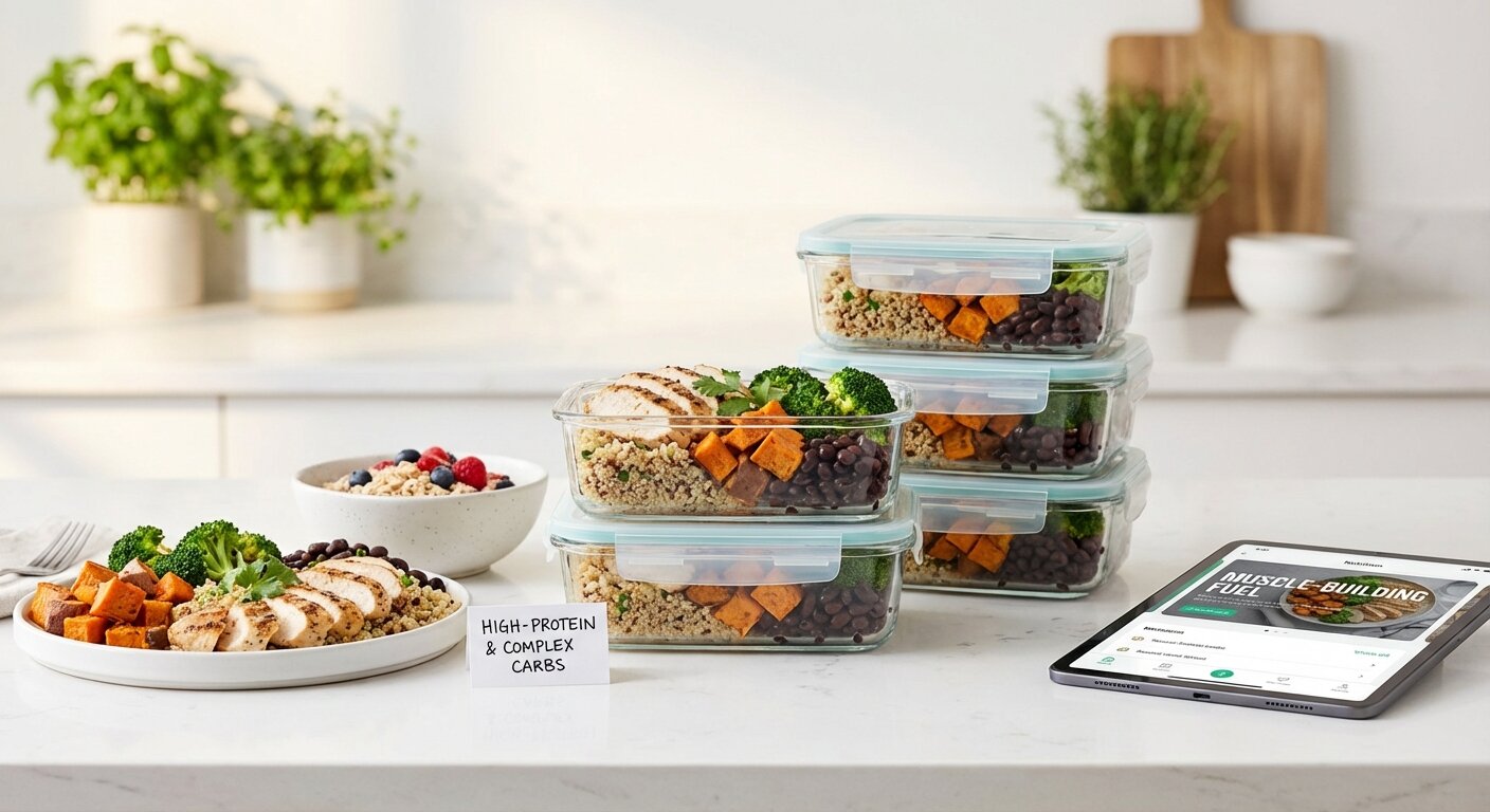 Muscle-building meal prep with high-protein foods and complex carbs