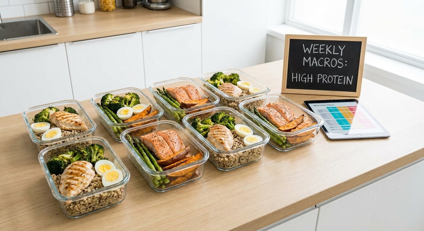 Lean meal prep containers with high-protein foods for cutting
