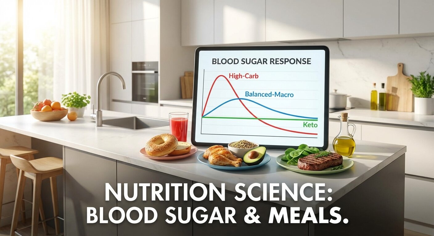 A graph showing the blood sugar response to three different meals: high-carb, balanced-macro, and keto