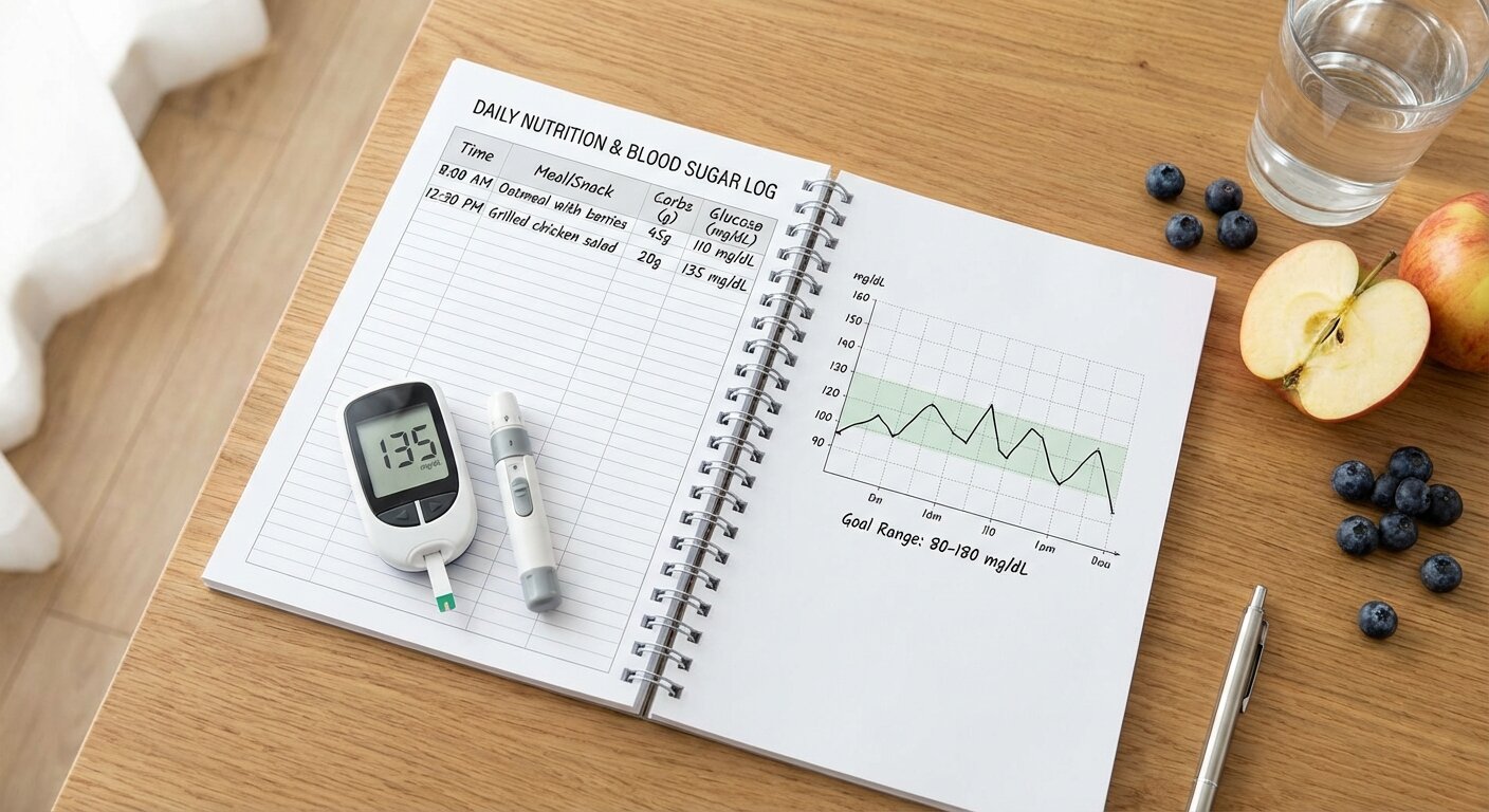 An example of a food and blood sugar log, showing how to track meals and glucose readings