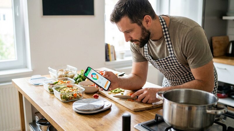 Man checking nutrition app while meal prepping in kitchen