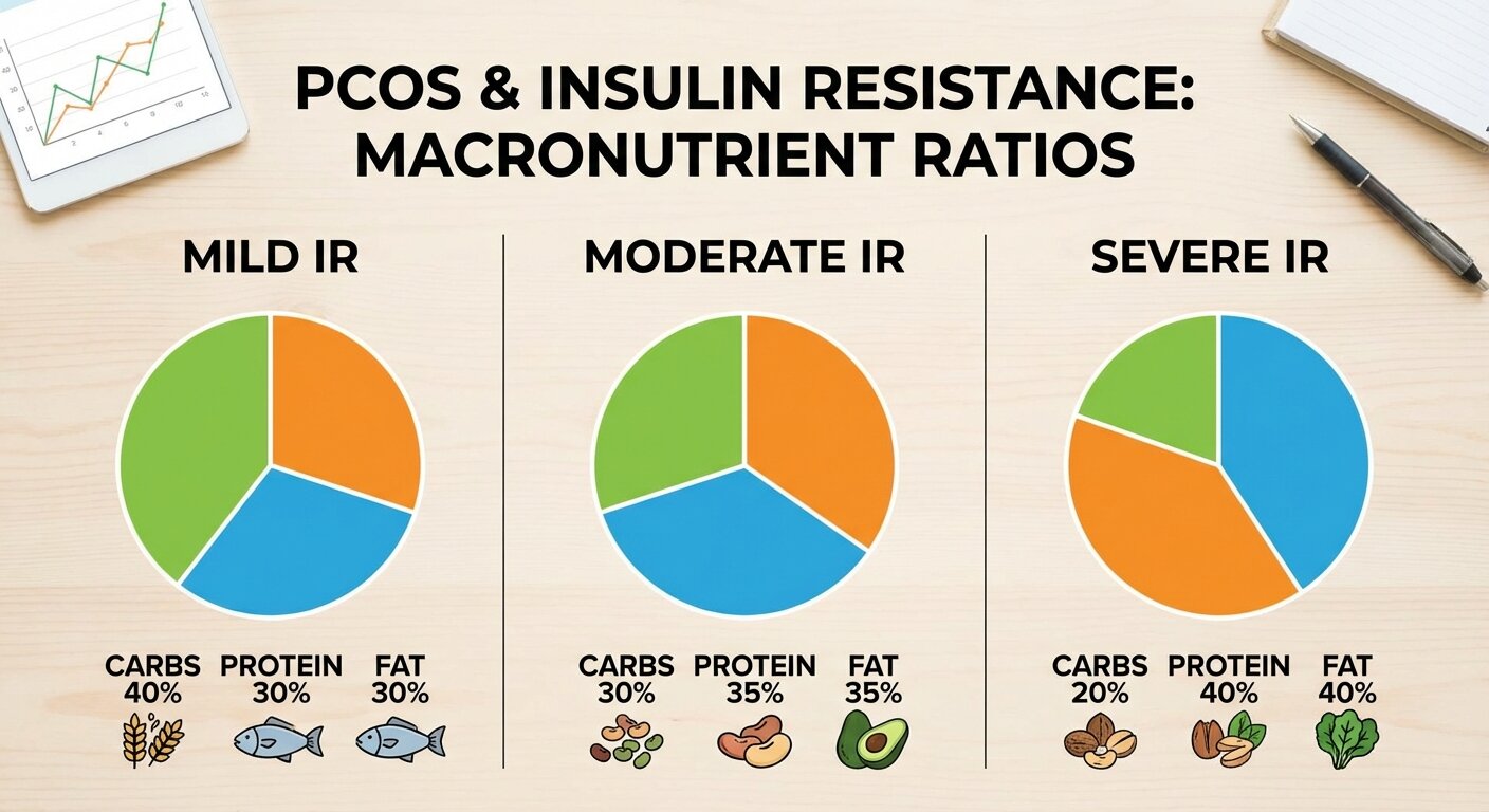 Comparison chart showing macro ratios for different PCOS insulin resistance severity levels
