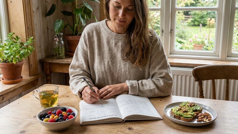 Woman tracking wellness and nutrition in a journal with healthy food nearby