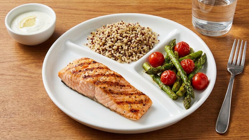 Healthy balanced meal with portion-controlled protein, vegetables and complex carbohydrates