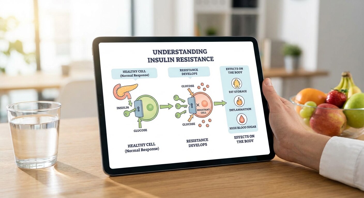 Diagram showing how insulin resistance develops and its effect on the body