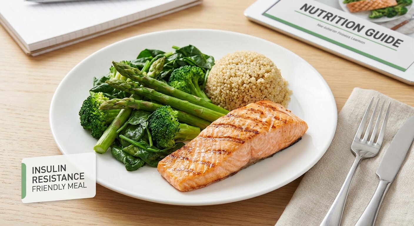A plate balanced for insulin resistance: salmon, quinoa, and a large portion of green vegetables