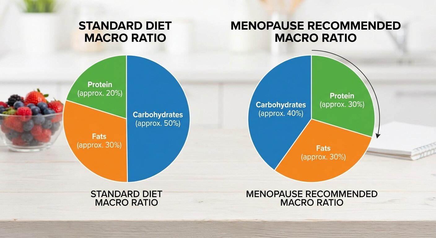 A pie chart comparing a standard diet macro ratio to the recommended menopause macro ratio