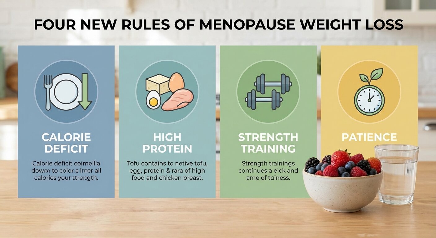 A graphic showing the four new rules of menopause weight loss: calorie deficit, high protein, strength training, and patience