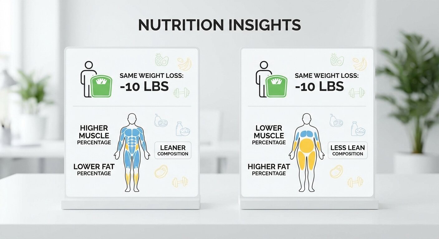Side-by-side comparison showing body composition differences despite same weight loss