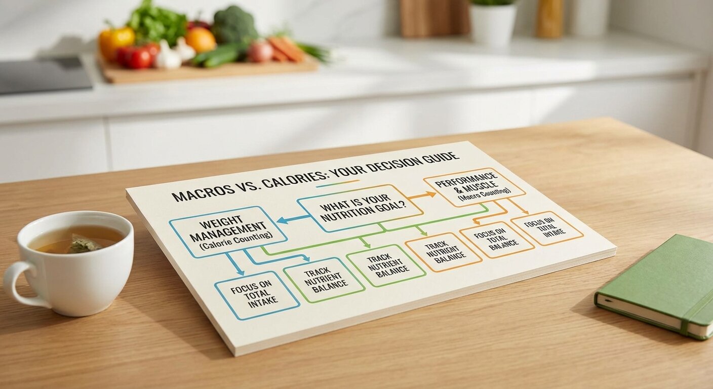 Decision flowchart helping reader choose between macro and calorie counting