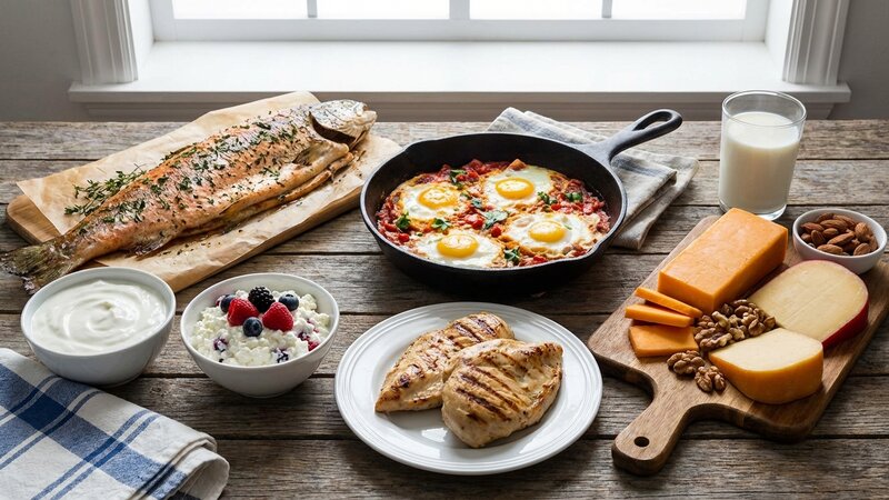 Variety of high protein foods including salmon, eggs, chicken, and dairy products