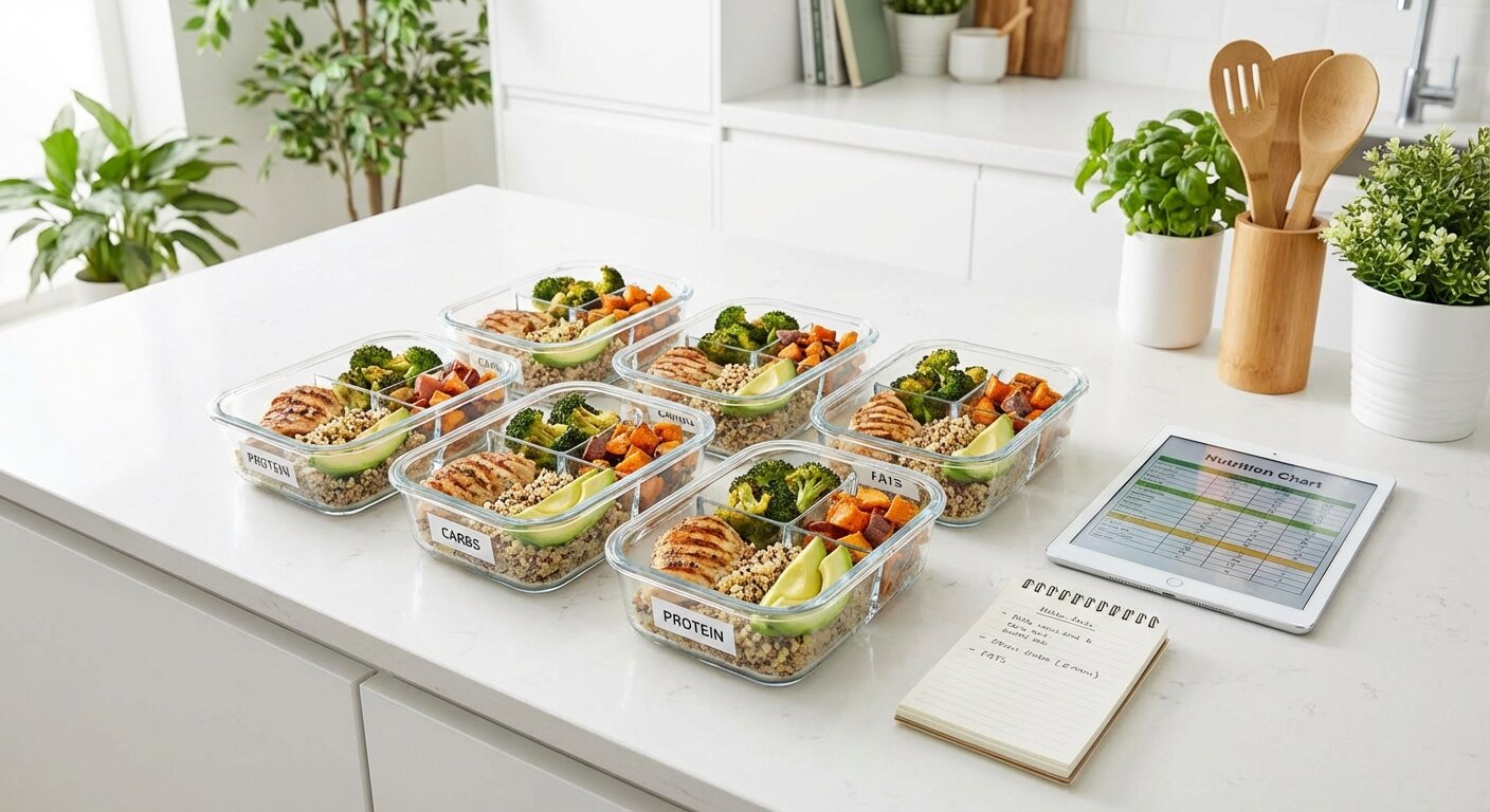 Organized meal prep containers with balanced macros