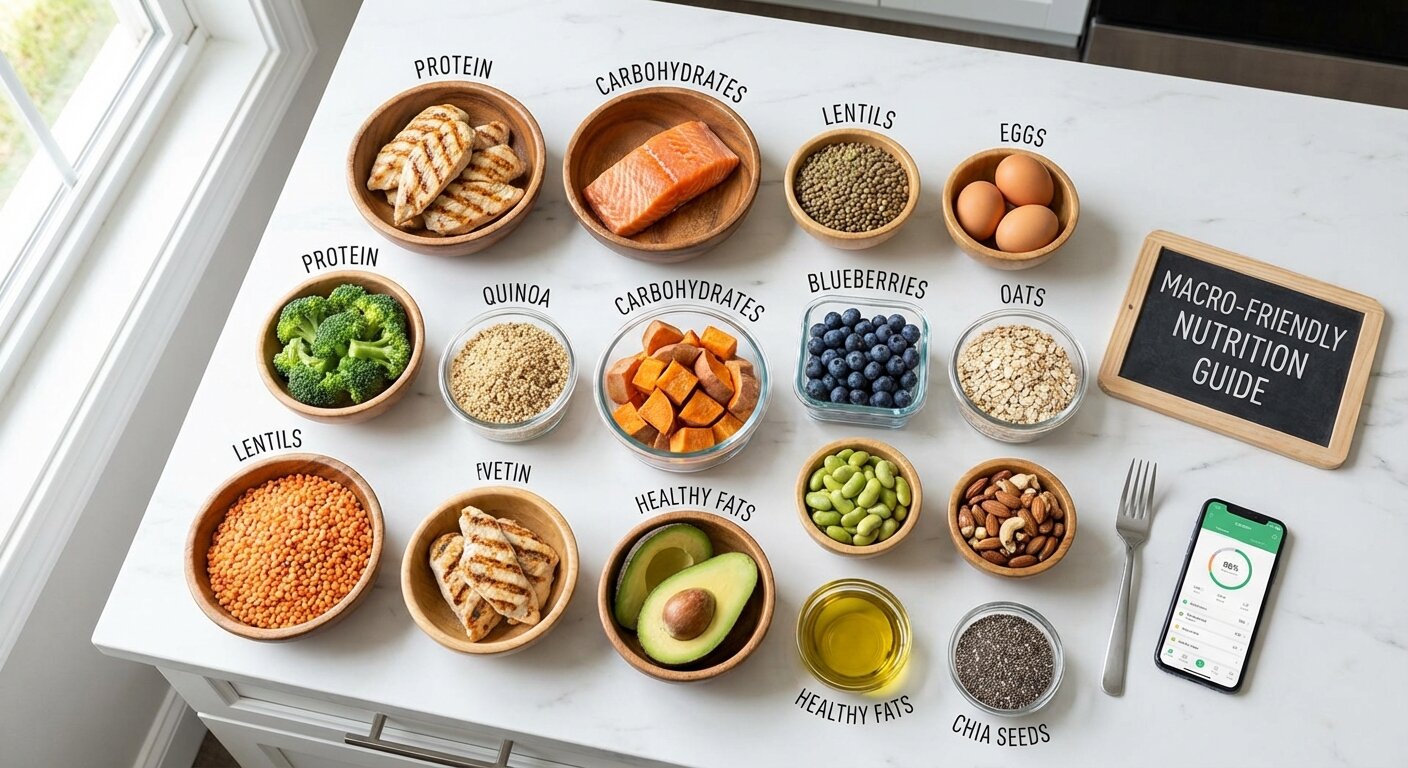 Macro-friendly foods organized by category