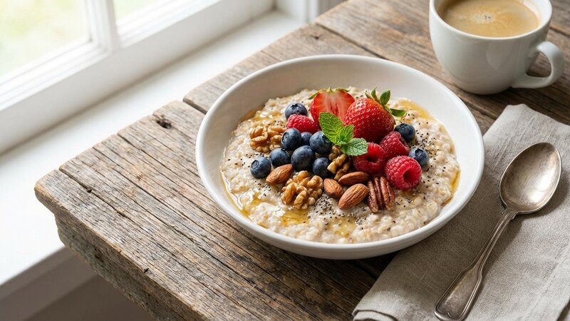 Bowl of oatmeal with fresh berries and nuts on wooden table