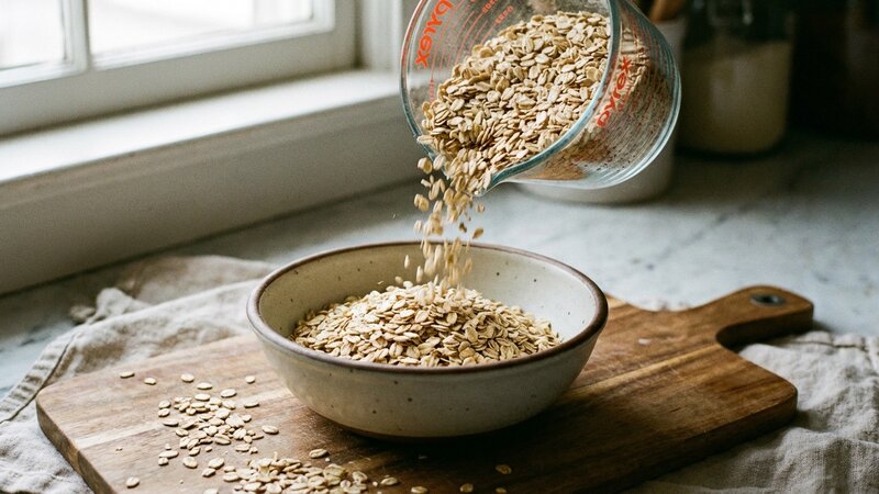Measuring cup with dry oats being poured into bowl
