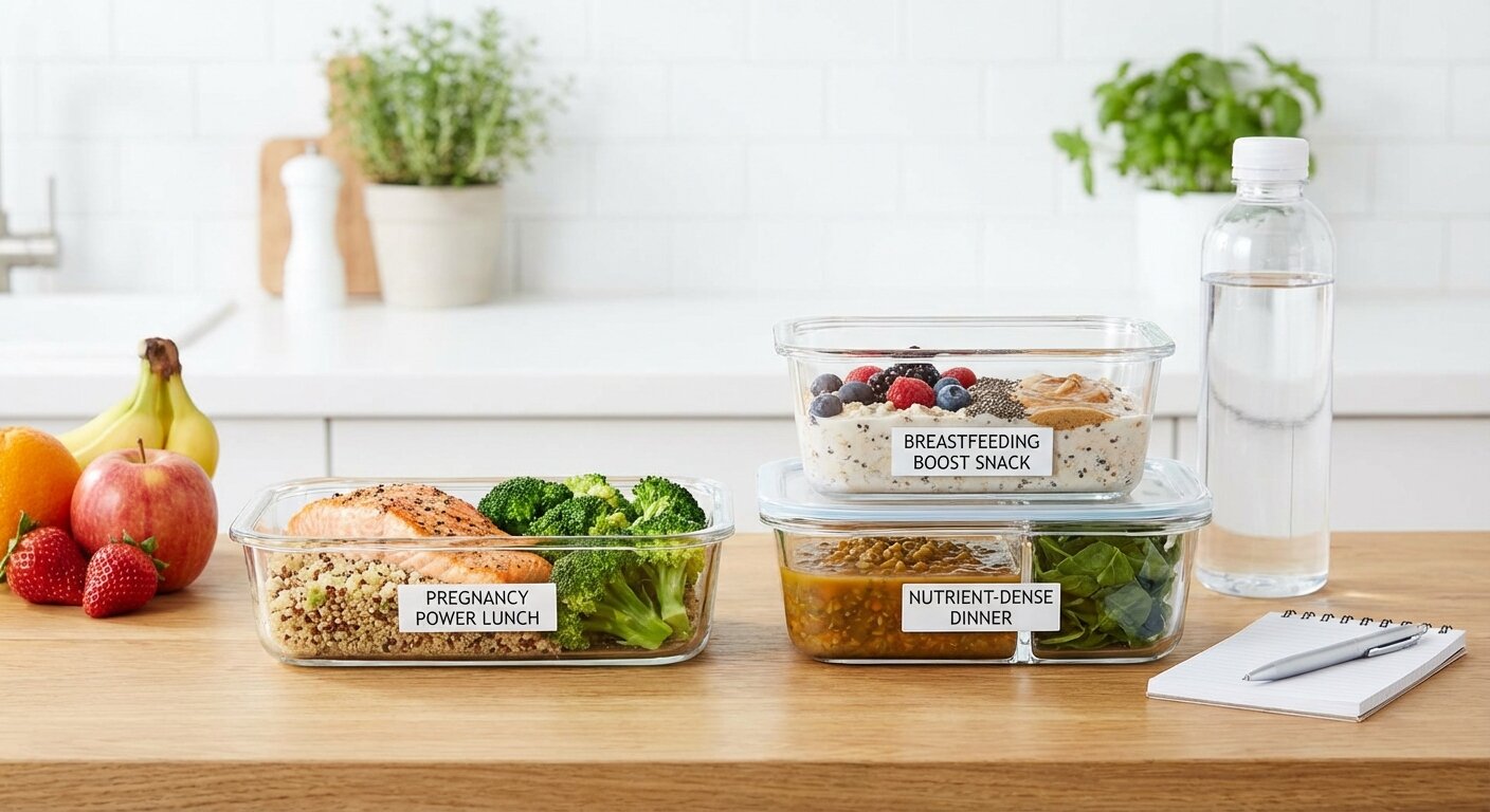 Example meal prep for pregnancy and breastfeeding showing nutrient-dense options