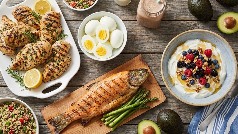 High protein foods including grilled chicken, eggs, fish, and Greek yogurt