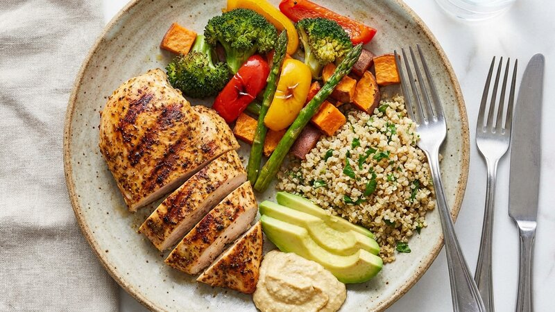 Healthy high protein meal with grilled chicken and vegetables
