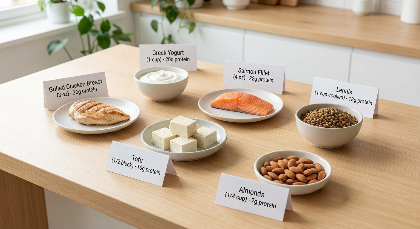 Variety of high-protein foods showing portion sizes and protein content