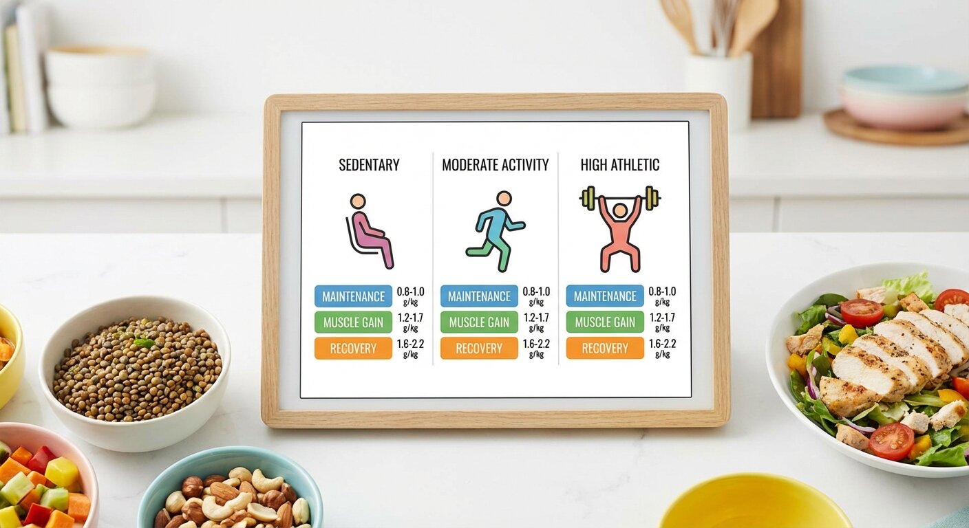 Infographic showing protein needs across different activity levels and goals