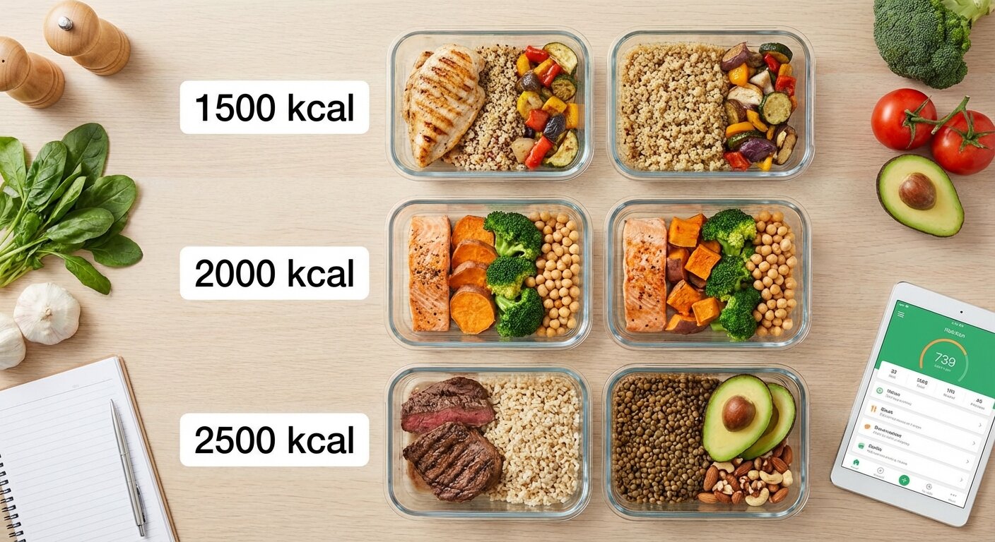 Meal prep containers showing high-protein meals across different calorie levels