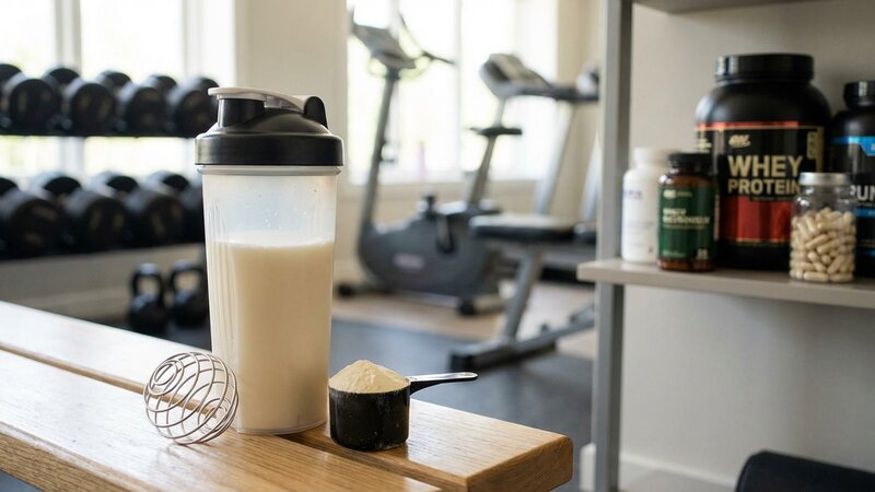Protein powder scoop with shaker bottle on gym background