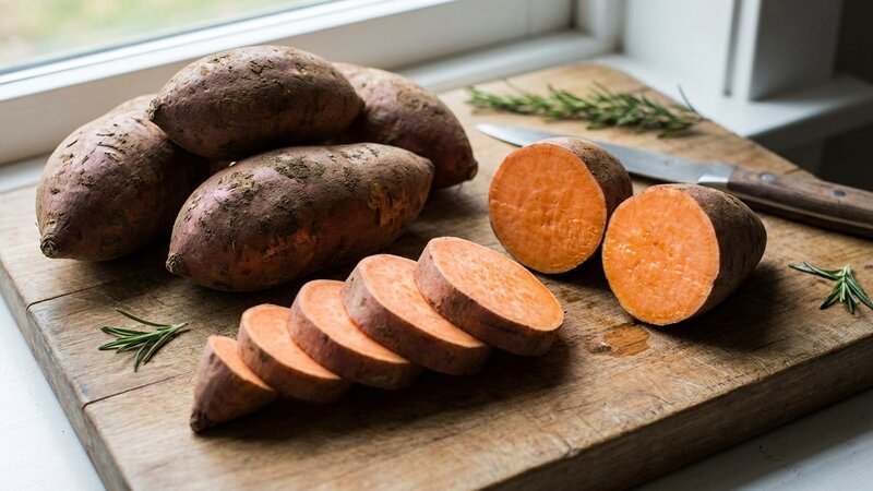Fresh sweet potatoes whole and sliced showing orange flesh