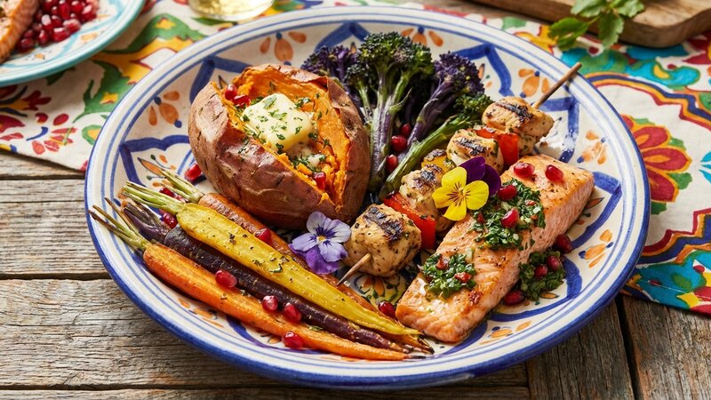 Colorful plate with baked sweet potato, vegetables, and protein
