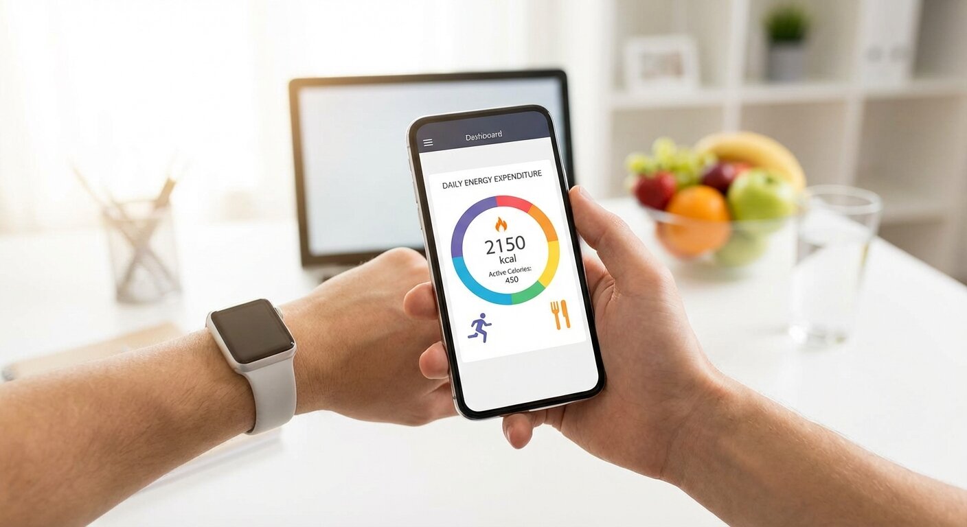 Person tracking calories and activity with fitness app showing daily energy expenditure