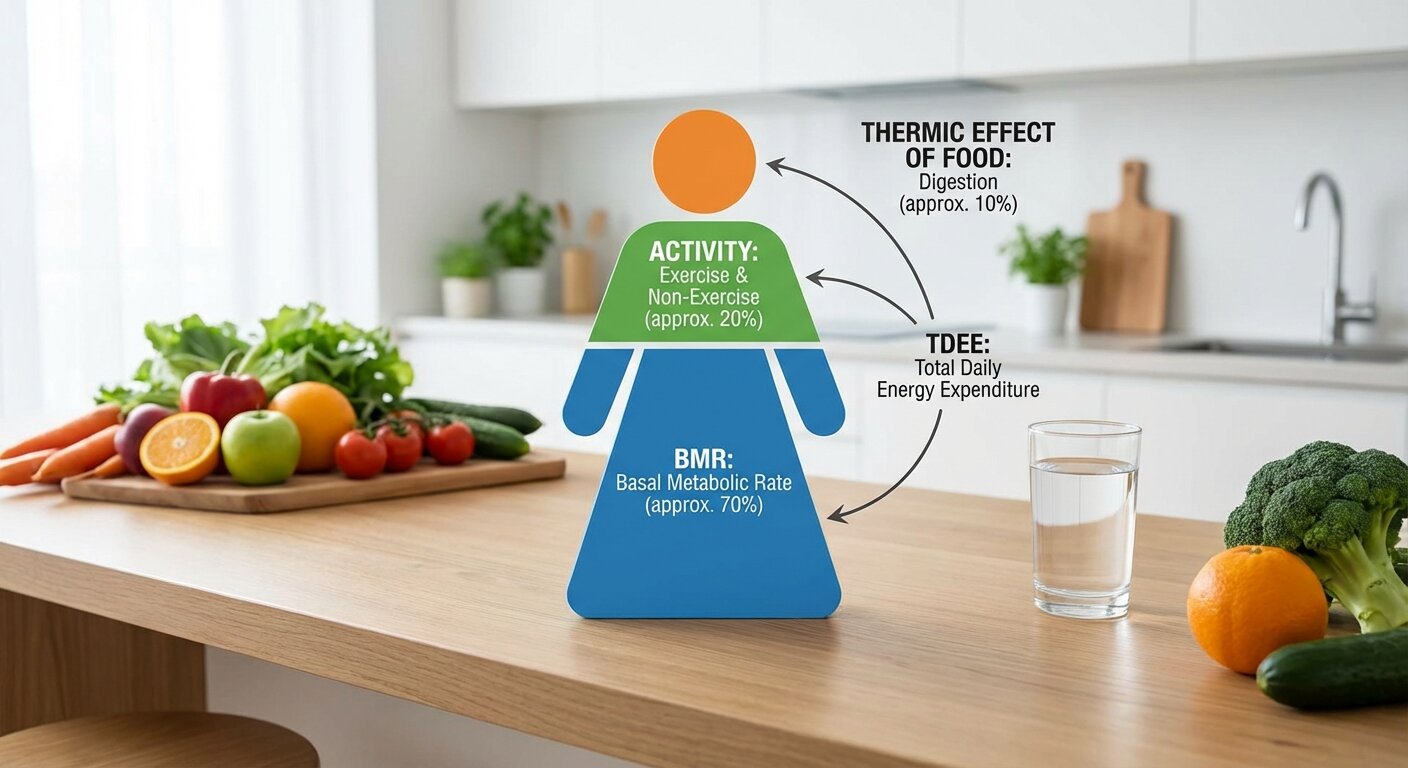 Infographic showing TDEE components - BMR, activity, and thermic effect of food