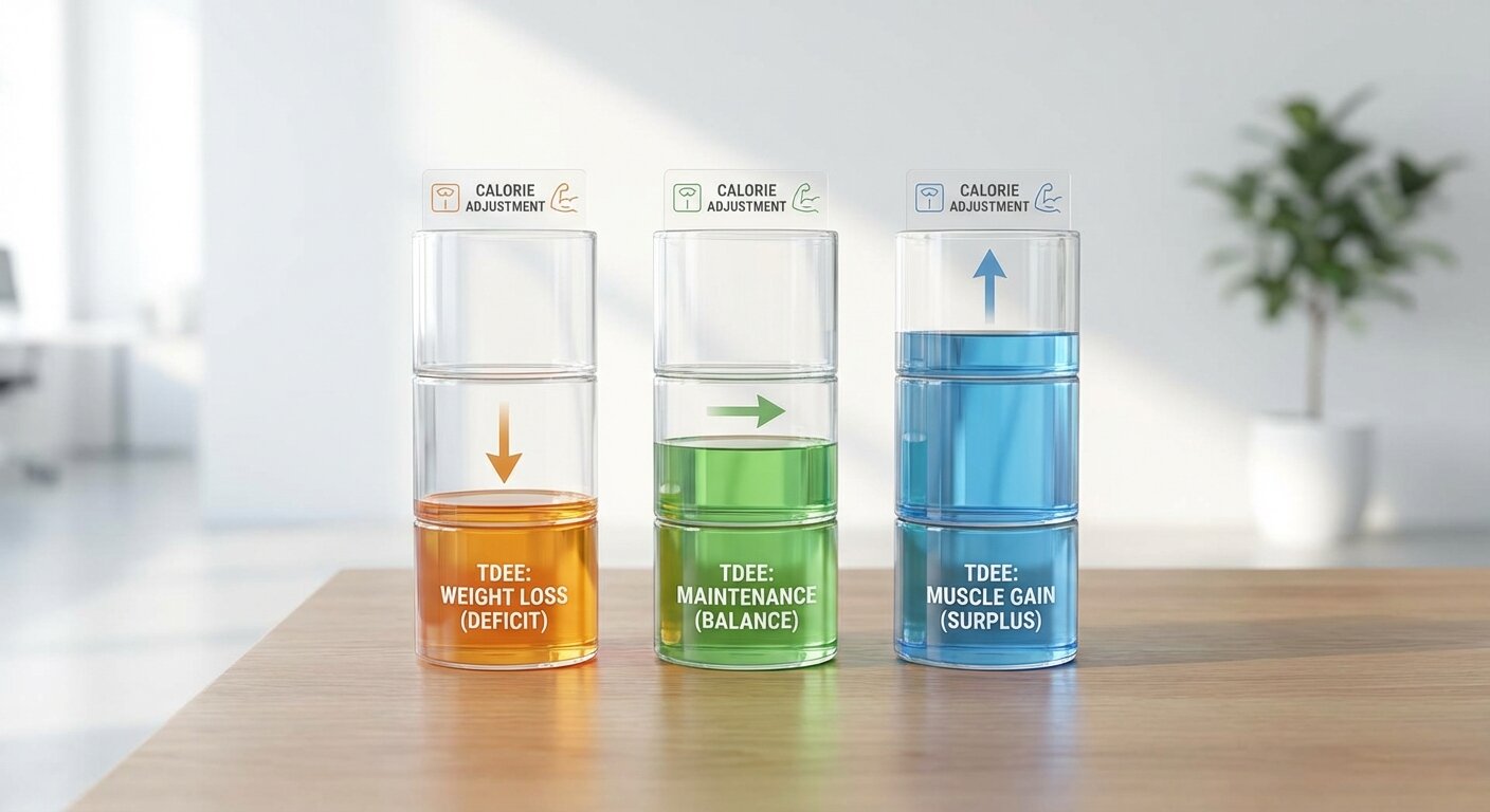 Visual comparison showing TDEE adjustments for weight loss, maintenance, and muscle gain