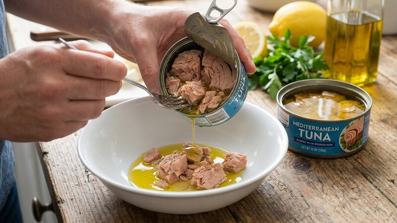 Canned tuna being transferred to a white bowl