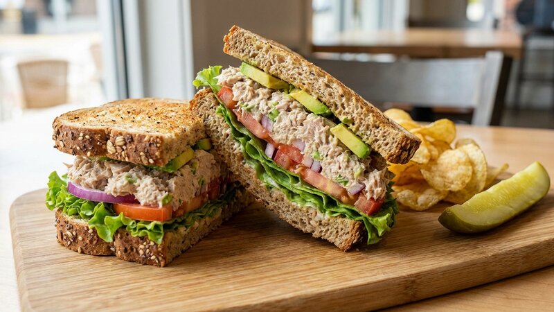 Tuna salad sandwich on whole grain bread