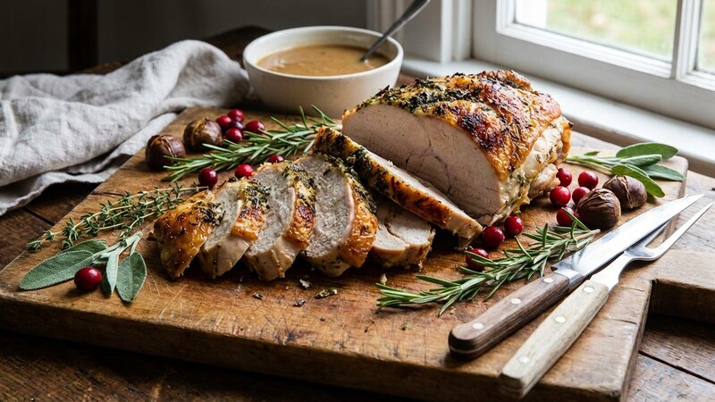 Sliced roasted turkey breast on a cutting board with herbs
