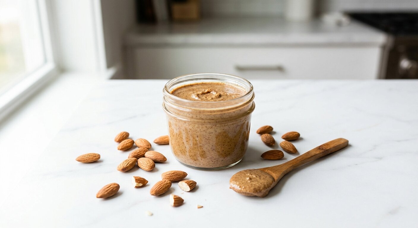 Fresh almond butter in a glass jar with whole almonds scattered around on a white marble countertop