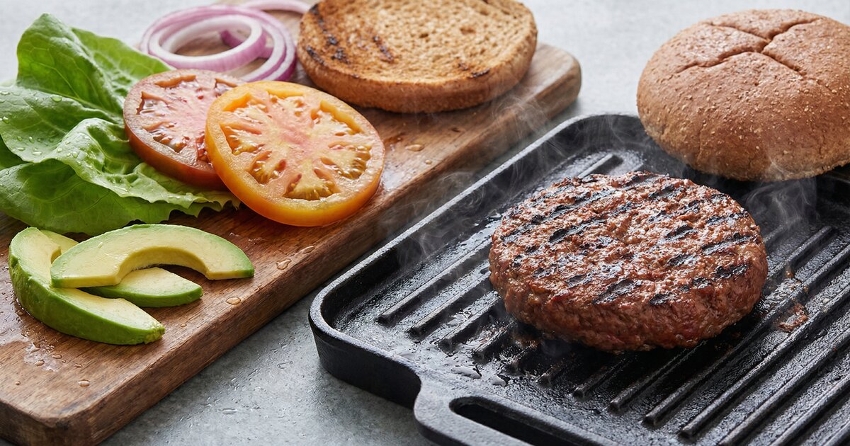 Beyond Burger plant-based patty with nutrition label showing protein, fat, and macro breakdown