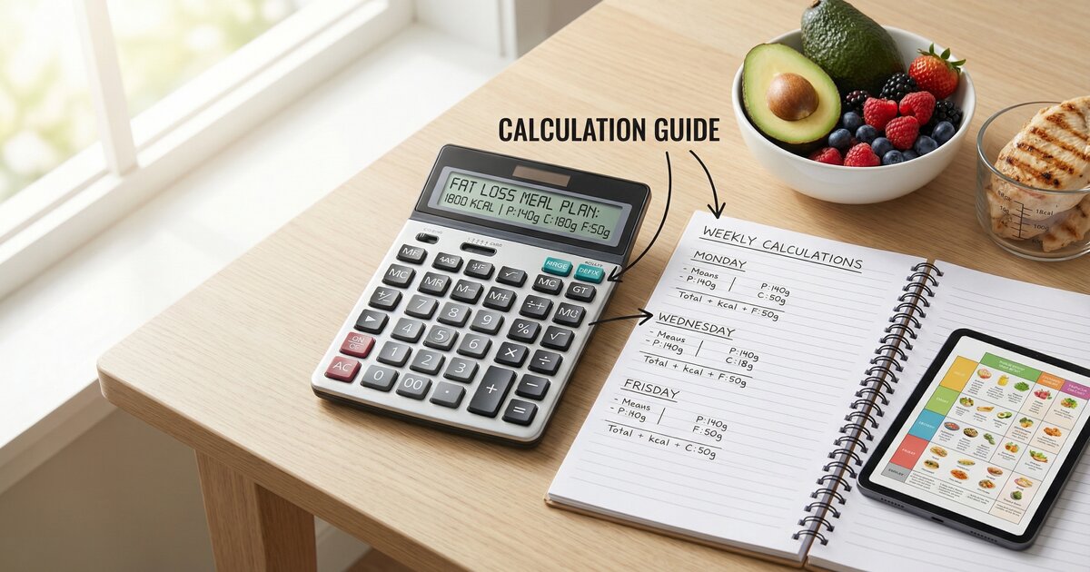 Calculator and notebook with macro calculations for fat loss