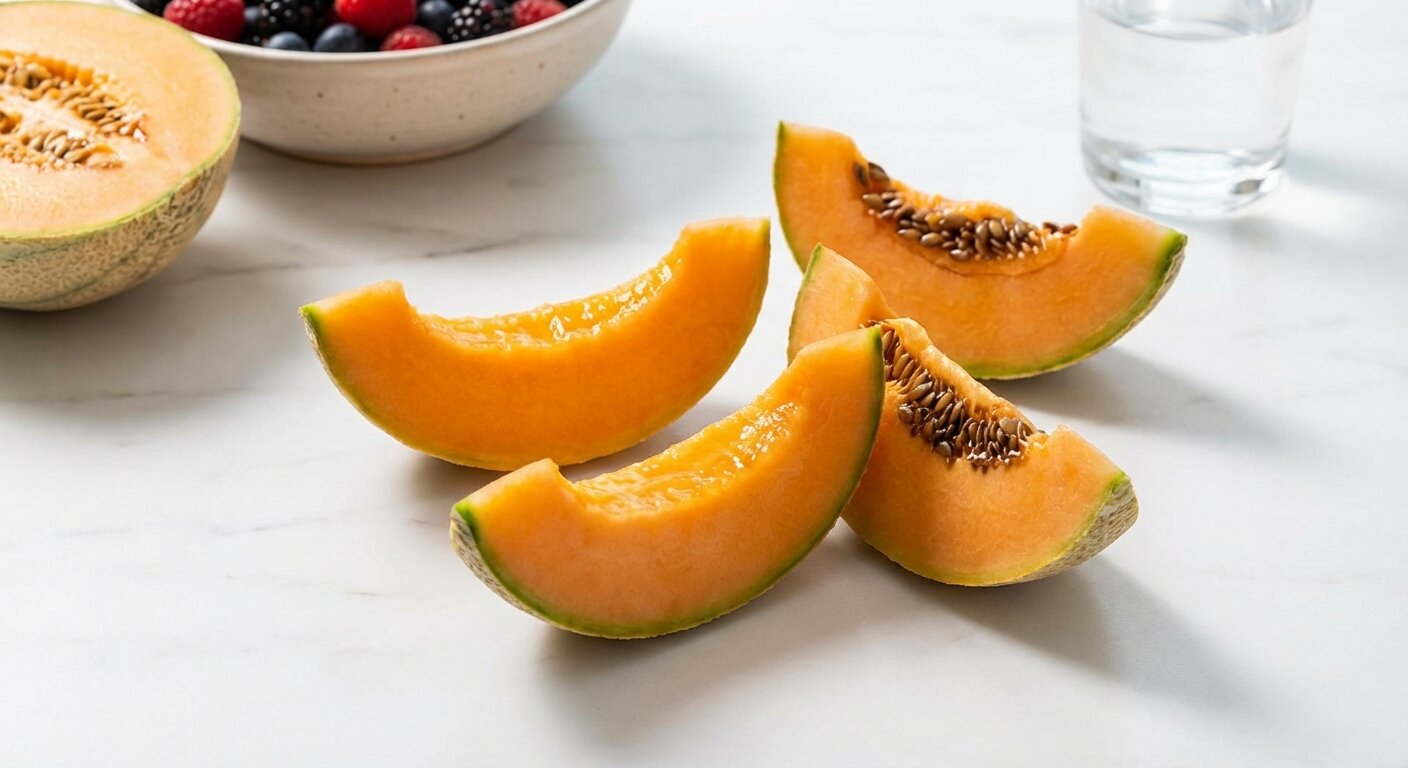 Fresh cantaloupe slices showing vibrant orange flesh, highlighting the fruit's natural nutrition and macros for tracking