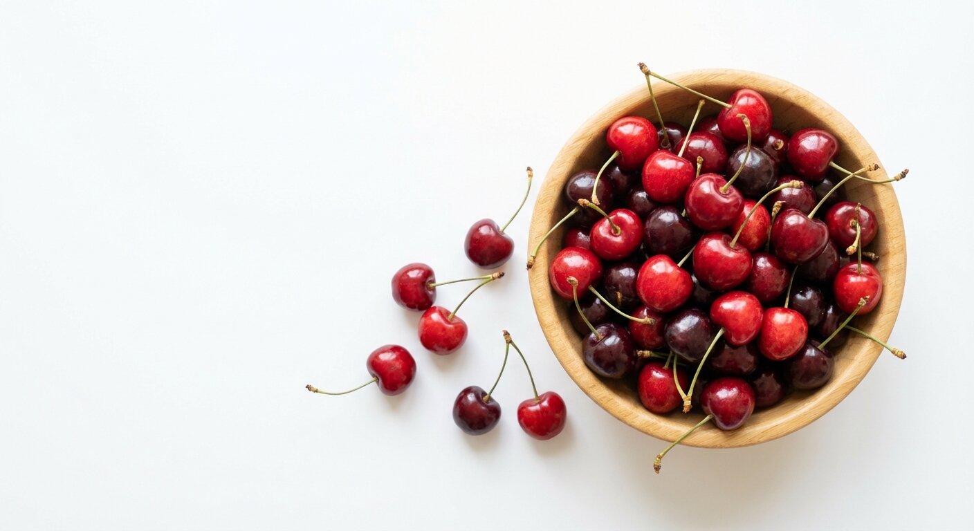 Fresh red and dark cherries in a wooden bowl on a white background