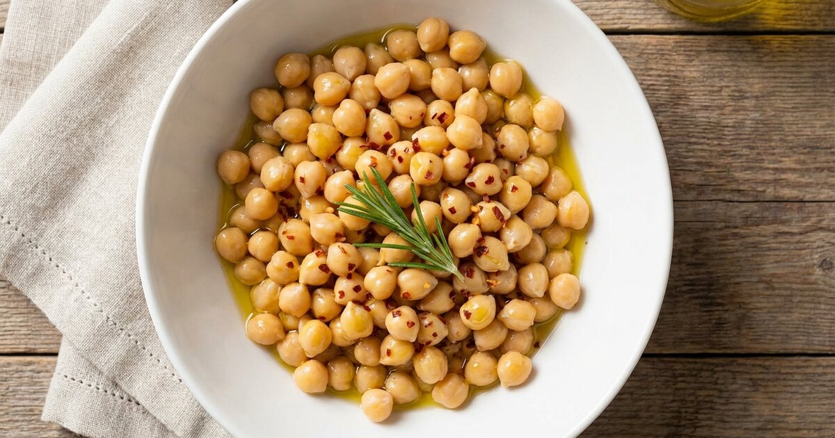 Bowl of cooked chickpeas with olive oil drizzle - 15g protein, 45g carbs, 12g fiber per cup