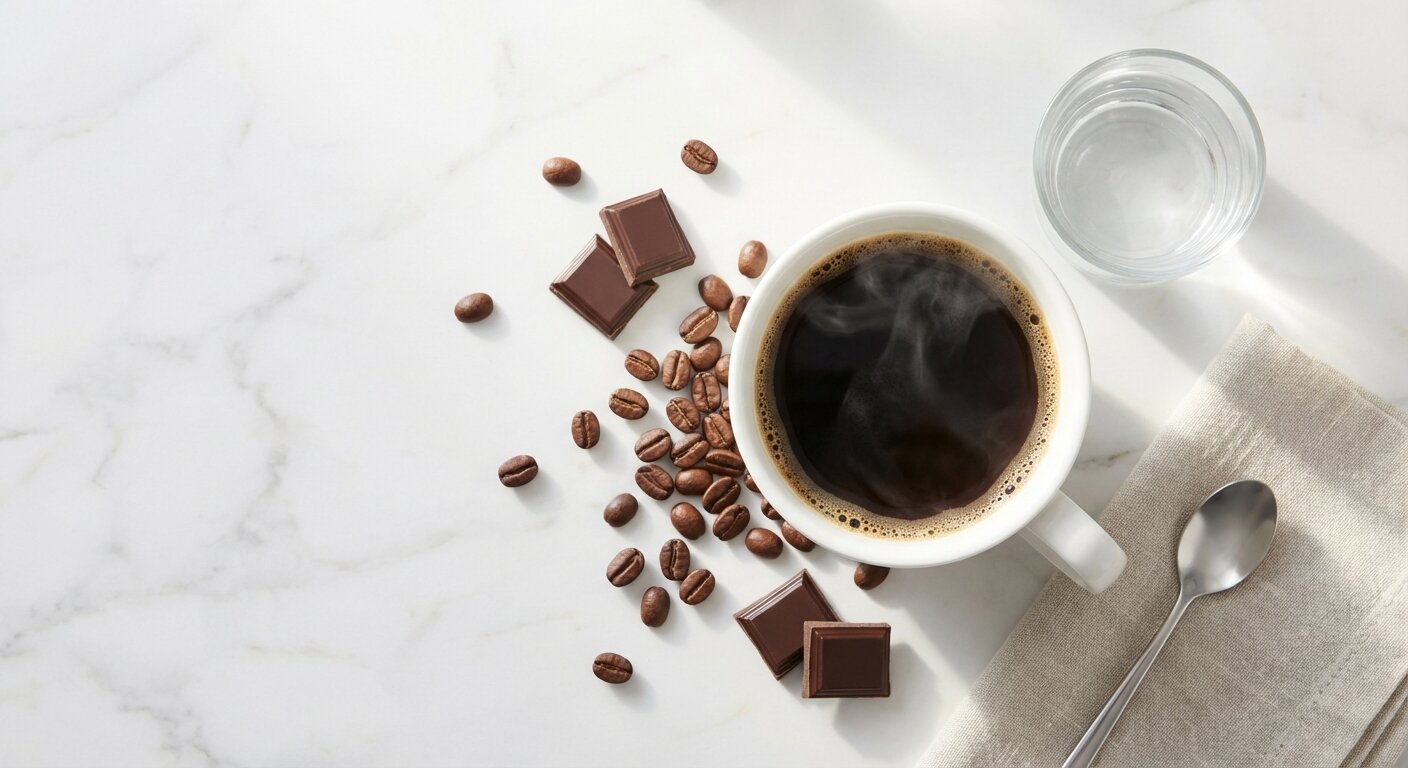 Freshly brewed black coffee in a white ceramic cup on a clean marble countertop with coffee beans scattered around
