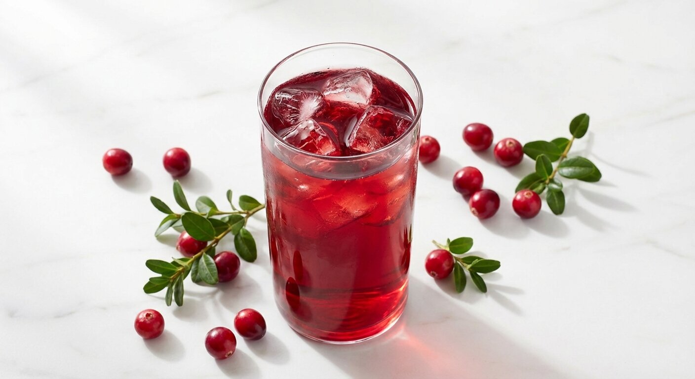 Glass of deep red cranberry juice with ice cubes surrounded by fresh cranberries on a white marble surface