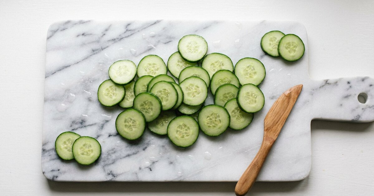 Sliced cucumber on cutting board - 4g carbs, 1g protein, 0g fat per cup