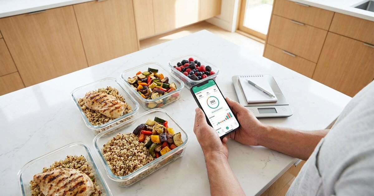 Person calculating nutrition macros on phone with healthy meal prep containers showing cutting diet strategy